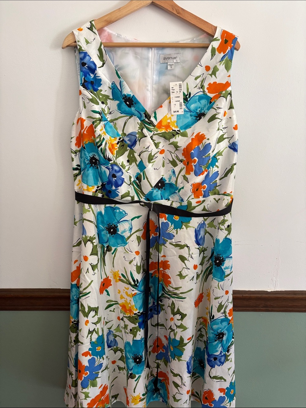 Avenue White Floral Fit & Flare Dress with Blue and Orange Flowers